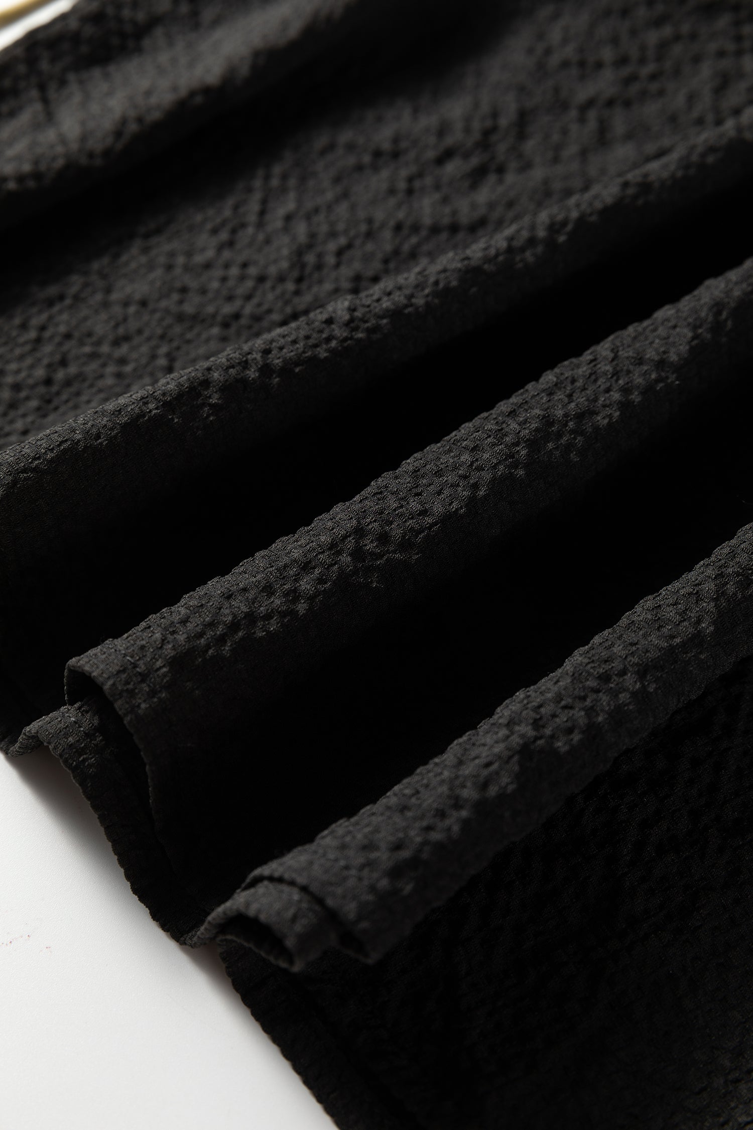 Black Color Block Patchwork Detail V Neck Textured Long Sleeve Blouse