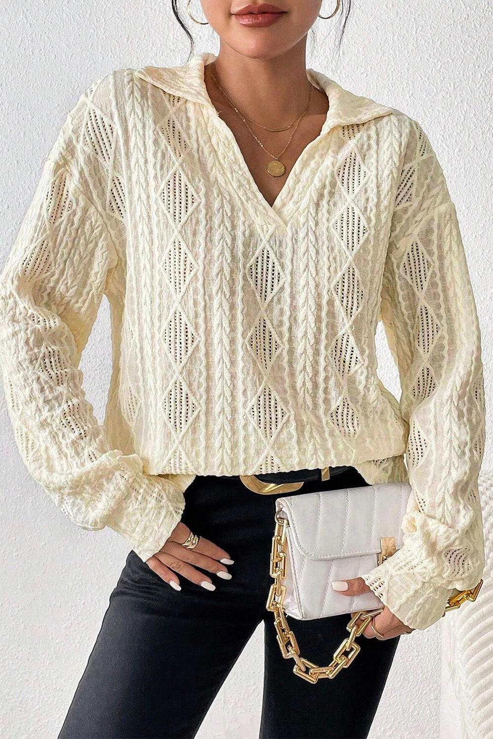 White Cable Rhombus Texture Collared Split Neck Top - L & M Kee, LLC