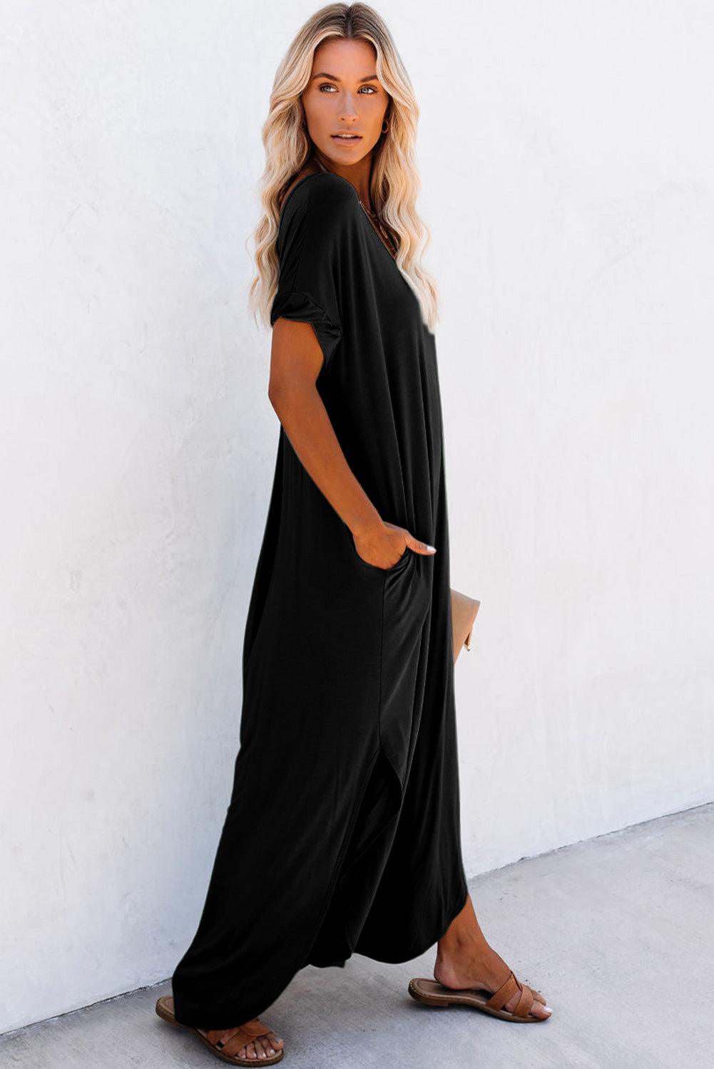 Black V Neck Hidden Pocket Splits Maxi T-shirt Dress - L & M Kee, LLC