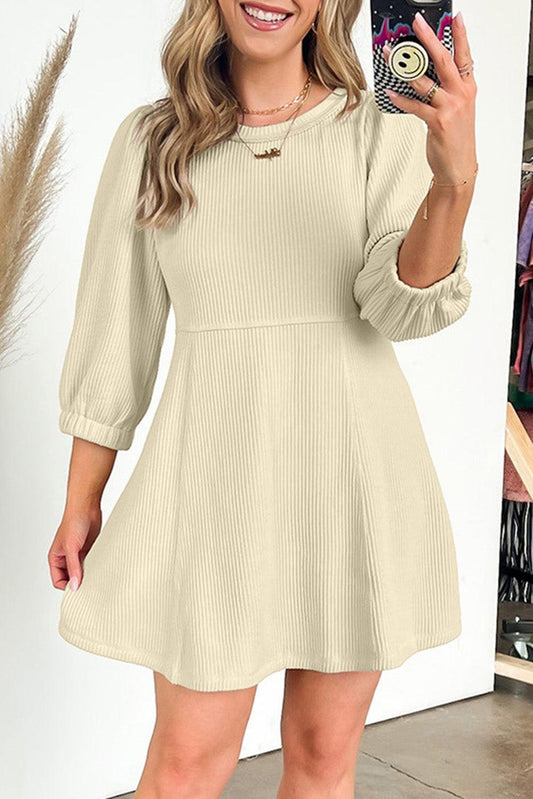 Beige Ribbed Knit Puff Sleeve Flared Mini Dress - L & M Kee, LLC