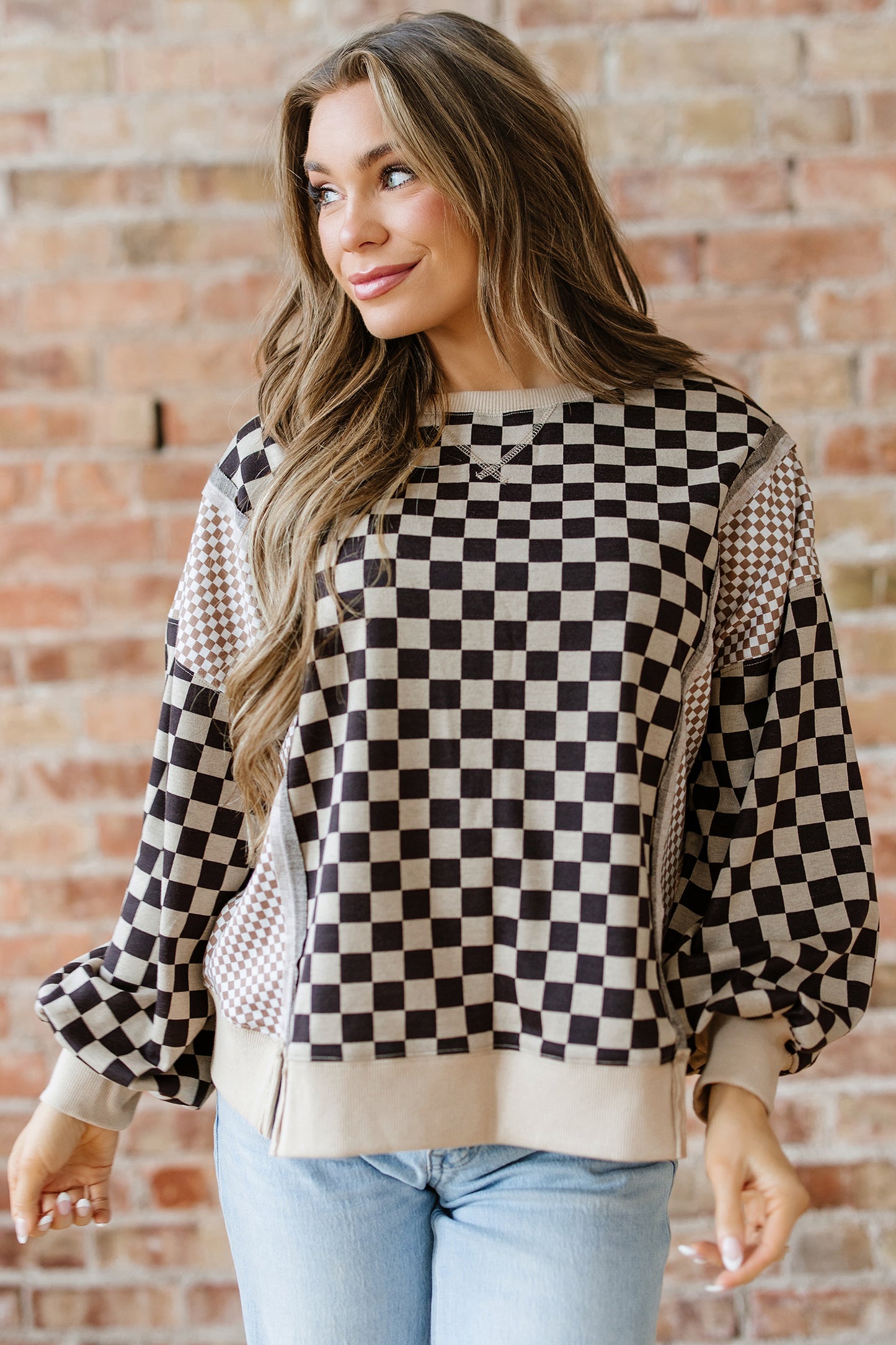 Khaki Mixed Checkered Pattern Patchwork High Low Casual Top