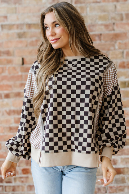 Khaki Mixed Checkered Pattern Patchwork High Low Casual Top