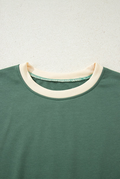 Rose Red 2pcs Color Block Pullover Loose Pant Set