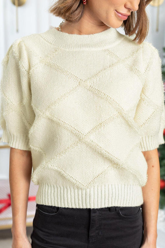 White Rhombus Pattern Ribbed Trim Short Sleeve Sweater - L & M Kee, LLC