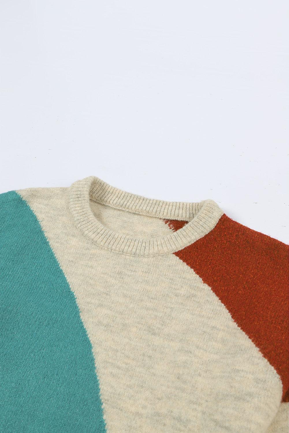 Multicolor Colorblock Ribbed Trim Round Neck Sweater - L & M Kee, LLC