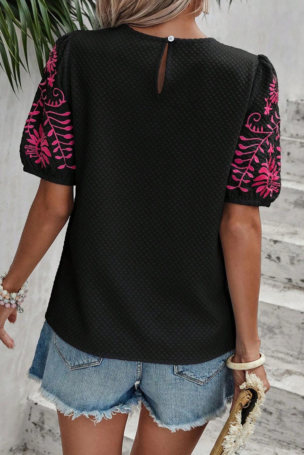 Black Floral Embroidered Textured Puff Sleeve T Shirt - L & M Kee, LLC