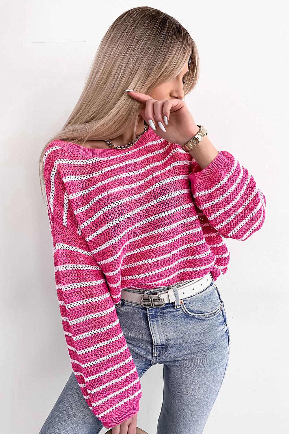 Rose Drop Shoulder Contrasting Striped Sweater - L & M Kee, LLC