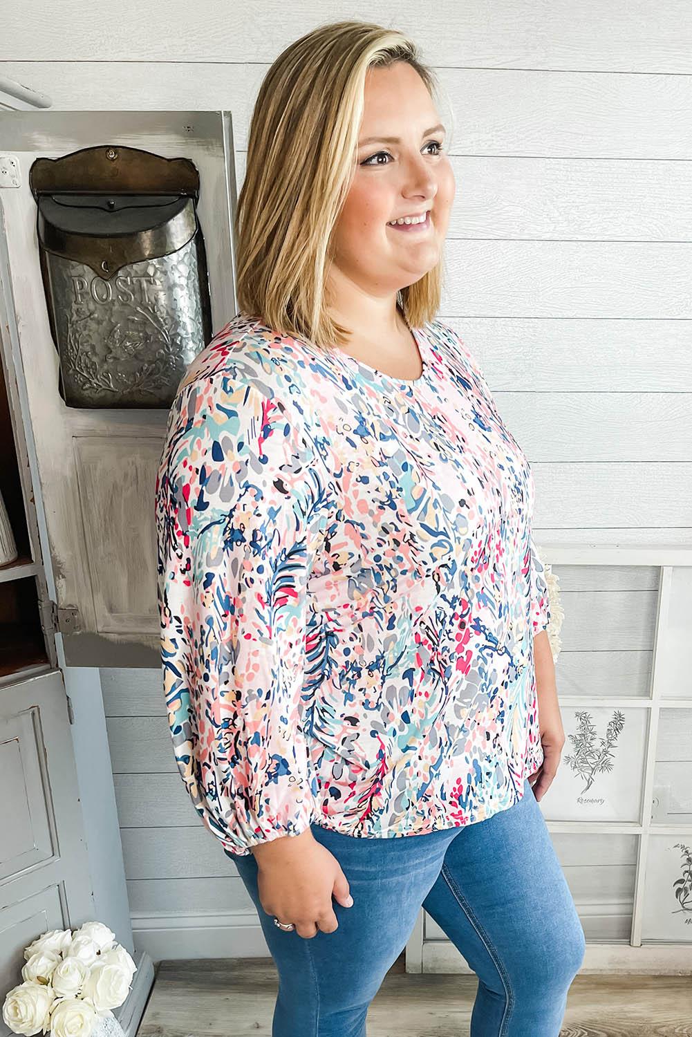 Multicolor Plus Size Floral Print Round Neck Long Sleeve Blouse - L & M Kee, LLC