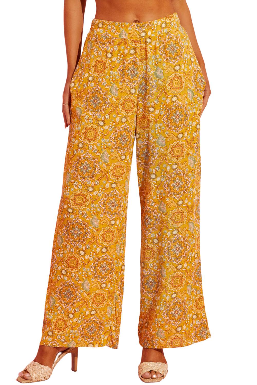 Yellow Bohemian Floral Print Pocketed Wide Leg Pants - L & M Kee, LLC