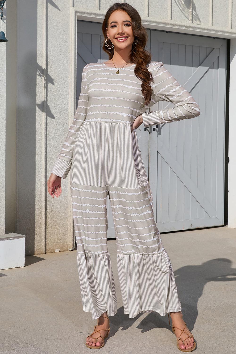 Light Grey Mix Striped Long Sleeve Wide Leg Jumpsuit - L & M Kee, LLC