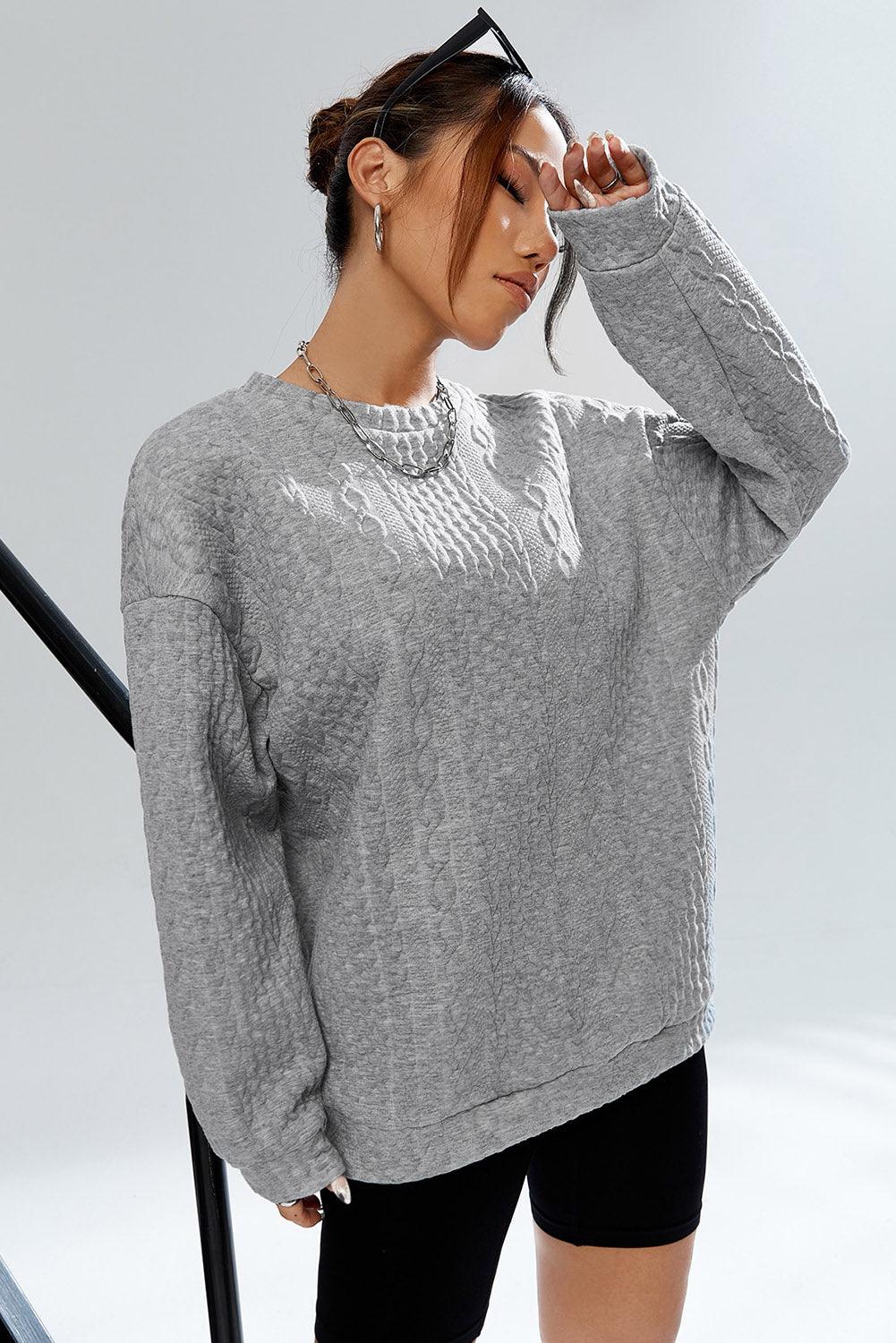 Gray Cable Textured Drop Shoulder Pullover Sweatshirt - L & M Kee, LLC