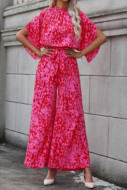 Rose Leopard Loose Sleeve Belted Wide Leg Jumpsuit - L & M Kee, LLC