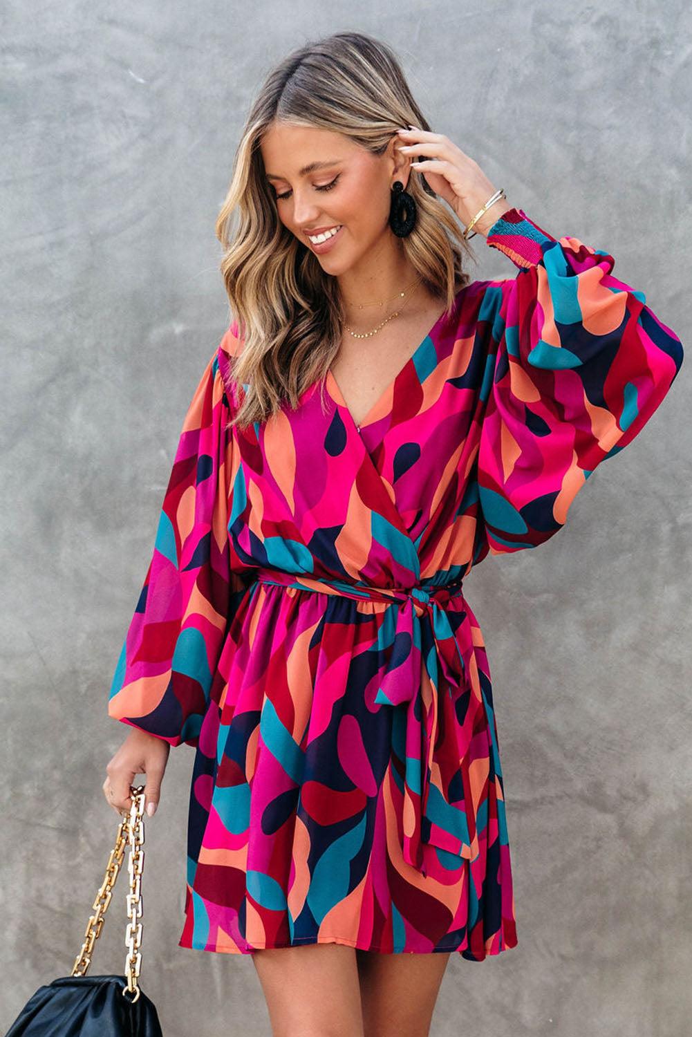 Abstract Printed Belted Puff Sleeve Mini Dress - L & M Kee, LLC