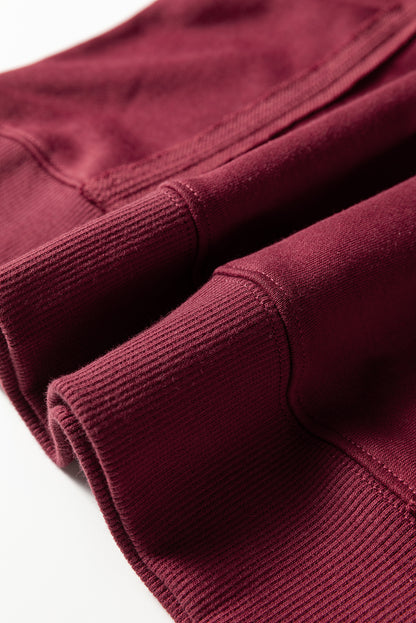 Red Sandalwood Plaid Colorblock Patchwork Sleeve Raw Seam Sweatshirt