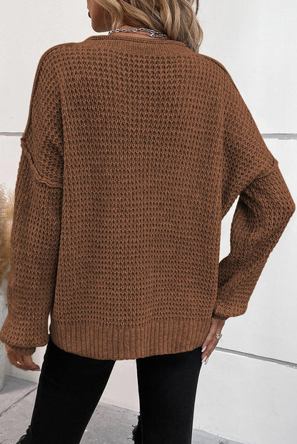 Coffee Pointelle Knit Button V Neck Drop Shoulder Sweater - L & M Kee, LLC