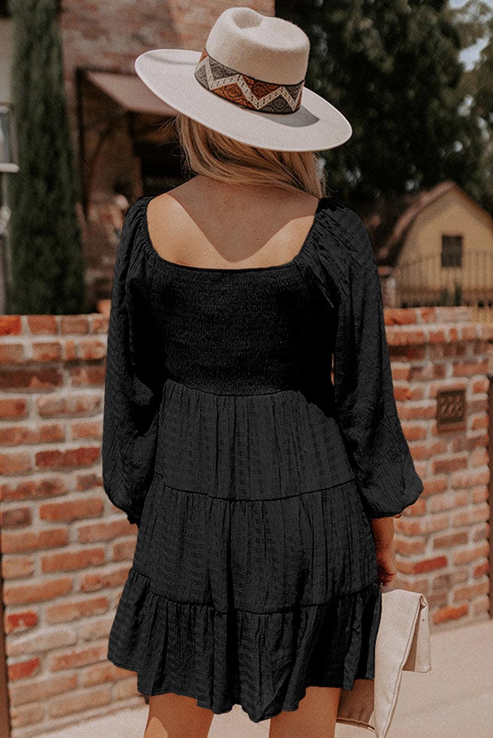 Black Bishop Sleeve Smocked Tiered Mini Dress - L & M Kee, LLC