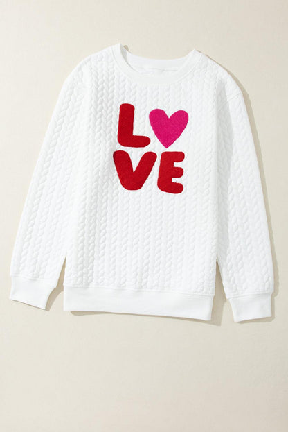 White LUCKY Chenille Embroidered Cable Knit Pullover Sweatshirt - L & M Kee, LLC