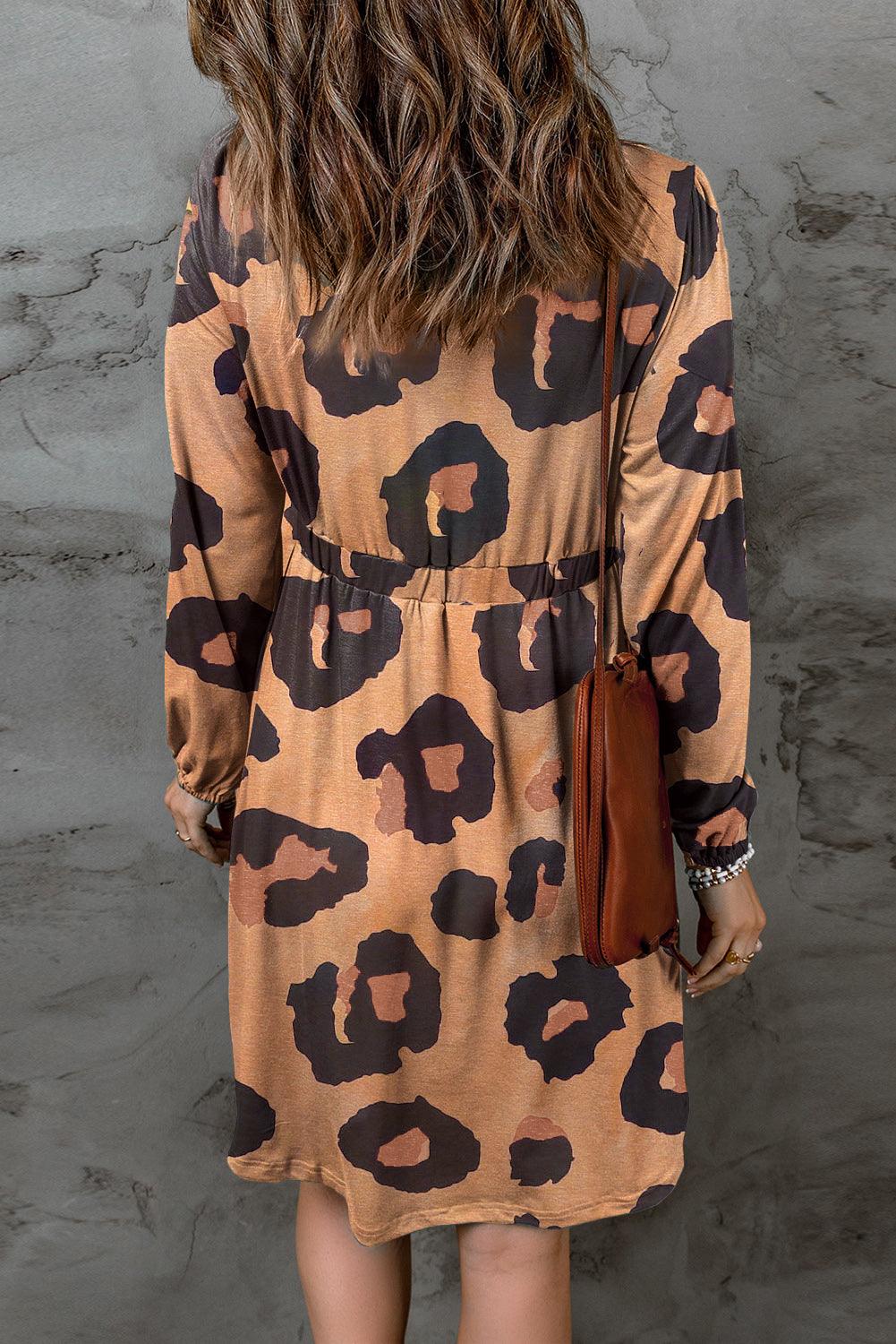 Leopard Print Button Front Bubble Sleeve Loose Knit Dress - L & M Kee, LLC