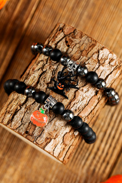 Black Halloween Pumpkin Ghost Pendant Beaded Layered Bracelet Set