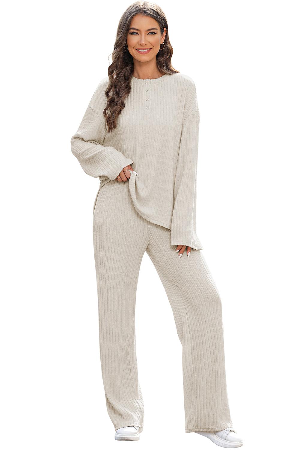 Khaki Ribbed Knit Bell Sleeve Crop Top Drawstring Pants Set - L & M Kee, LLC