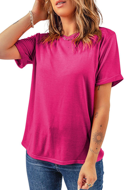 Rose Red Casual Plain Crew Neck Tee - L & M Kee, LLC