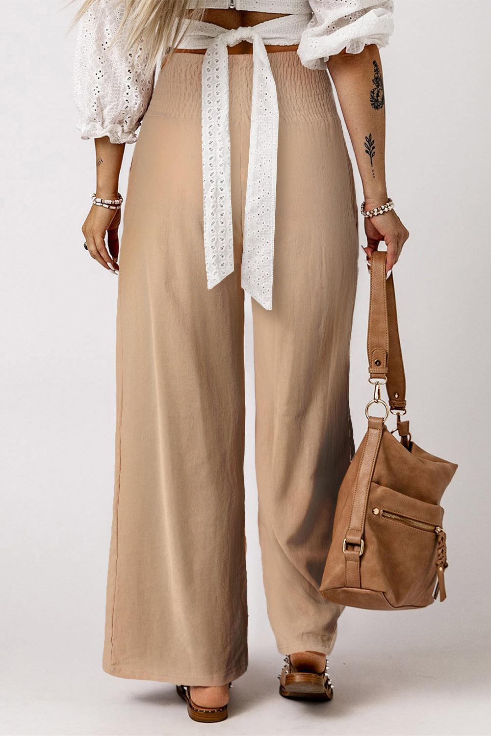 Khaki Smocked Wide Waistband High Waist Wide Leg Pants - L & M Kee, LLC