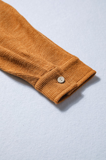 Russet Orange Flap Pocket Textured Knit Solid Color Casual Shacket