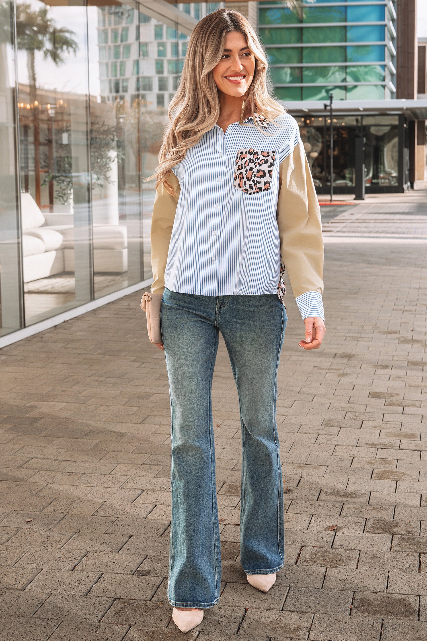 Sky Blue Stripe Colorblock Leopard Patchwork Chest Pocket Cuffed Sleeve Shirt