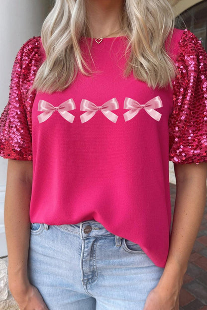 Rose Red Bow Tie Print Sequin Contrast Sleeve T Shirt - L & M Kee, LLC