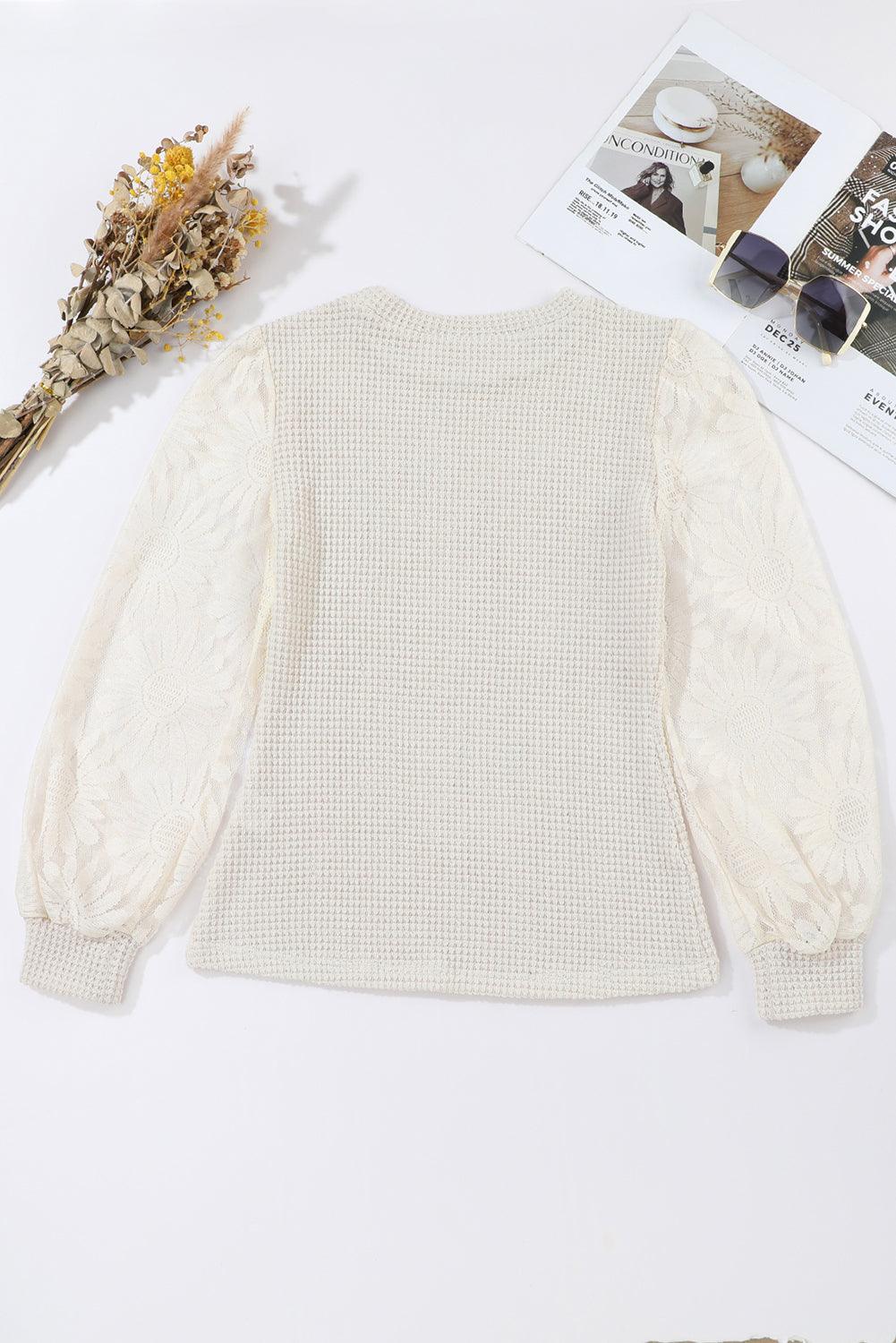 Beige Sunflower Mesh Bubble Sleeve Waffle Knit Top - L & M Kee, LLC