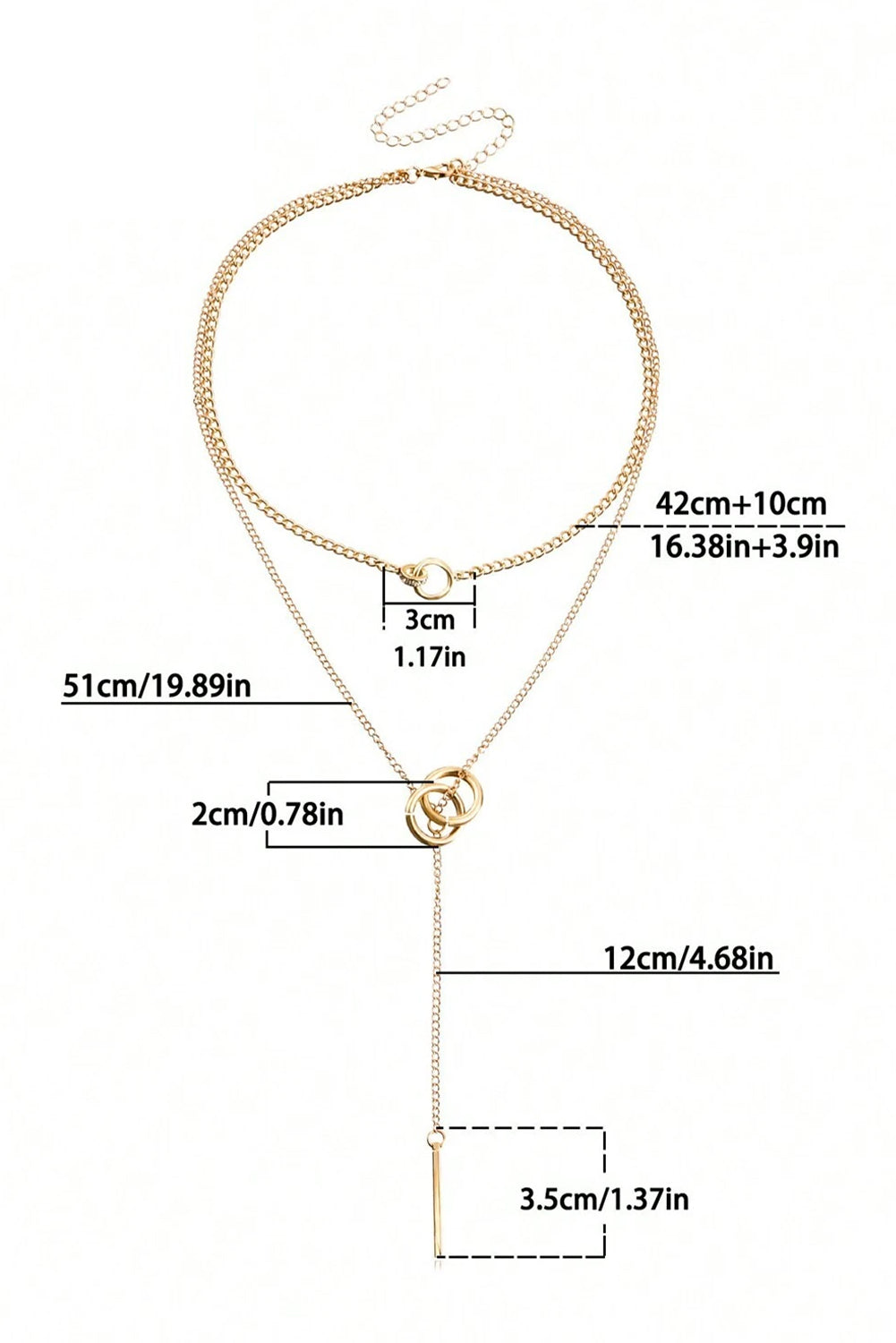 Gold Plated Double Layer O-Ring Long Stick Pendant Chain Necklace