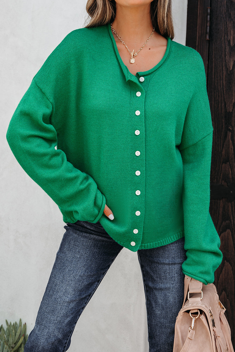 Bright Green Solid Color Knit Button Drop Shoulder Sweater Cardigan