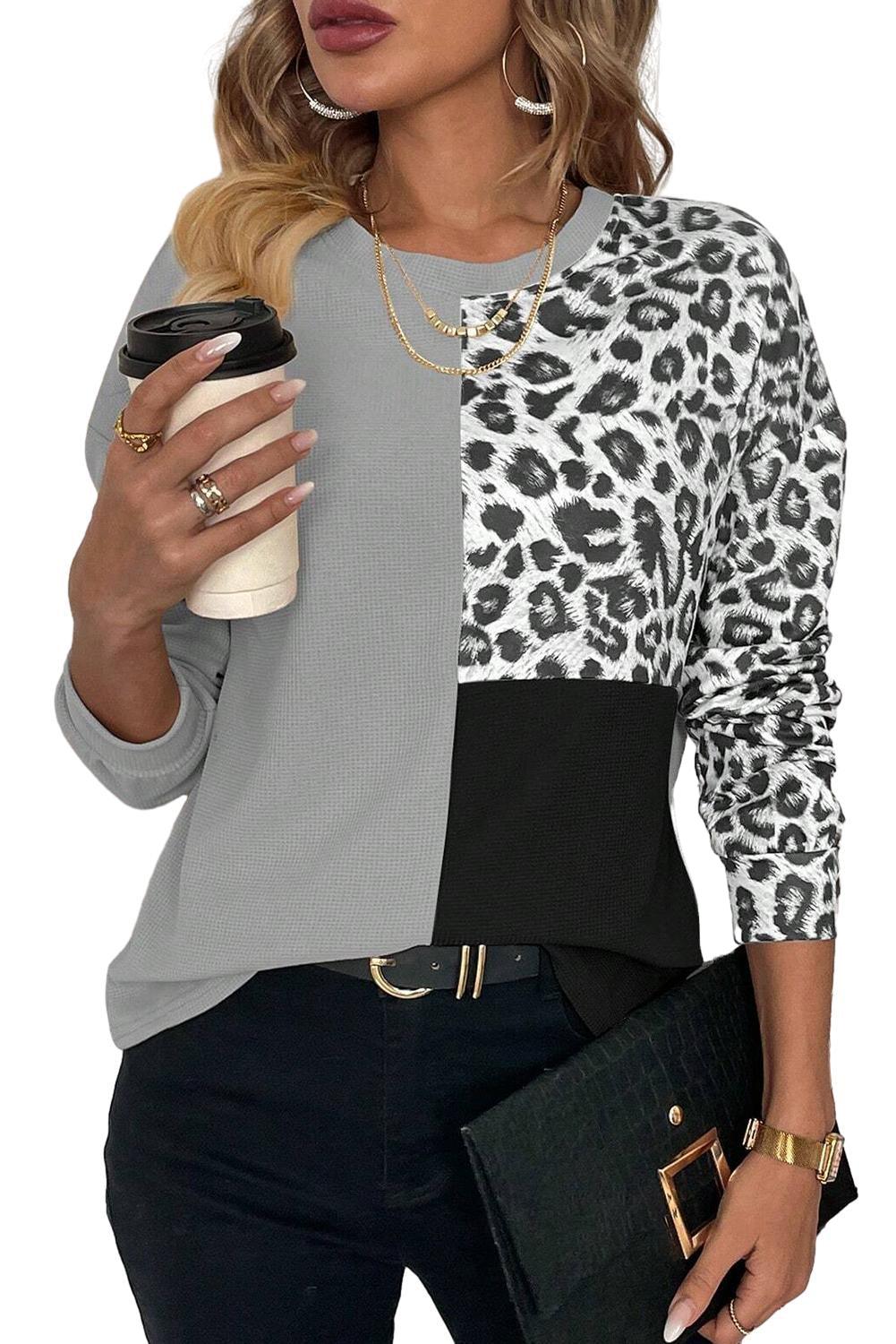 Pale Khaki Leopard Colorblock Waffle Knit Top - L & M Kee, LLC