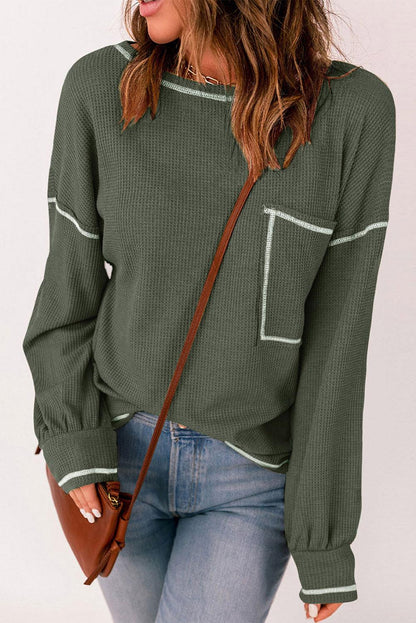 Mist Green Contrast Exposed Stitching Waffle Knit Blouse - L & M Kee, LLC