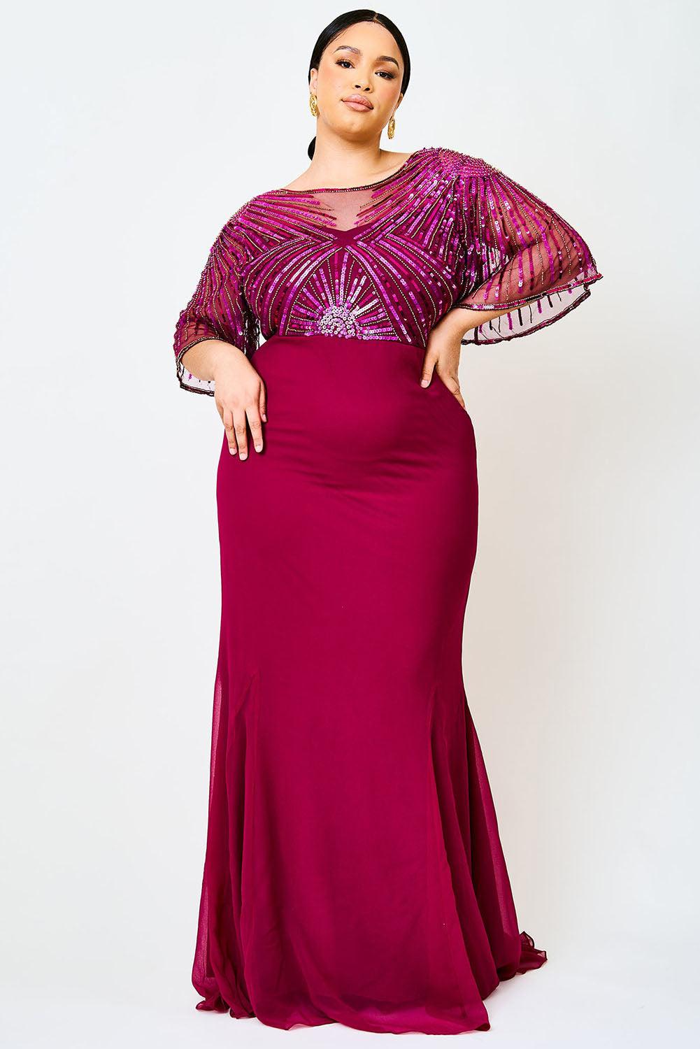 Sequin Mesh Open Back Plus Size Maxi Dress - L & M Kee, LLC