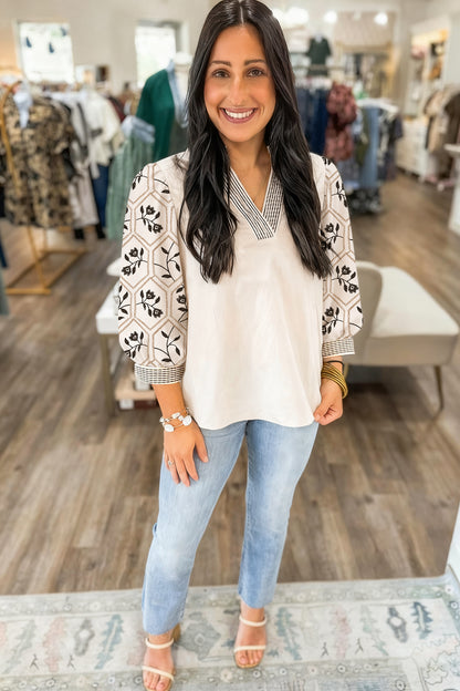 White Floral Puff Sleeve Contrast V Neck Patchwork Blouse