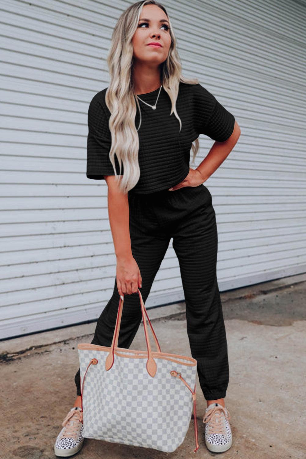 Black Lattice Textured Cropped Tee and Jogger Pants Set - L & M Kee, LLC