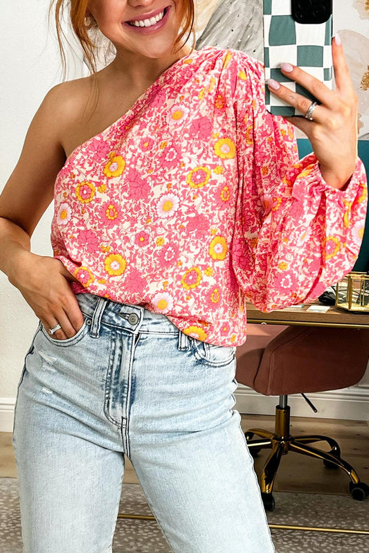 Pink Floral One Shoulder Pleated Bubble Sleeve Blouse - L & M Kee, LLC