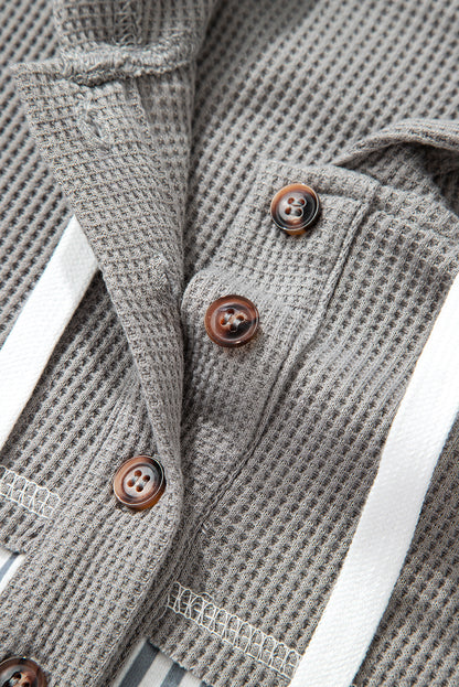 Gray Waffle Printed Patchwork Drawstring Hooded Long Sleeve Top