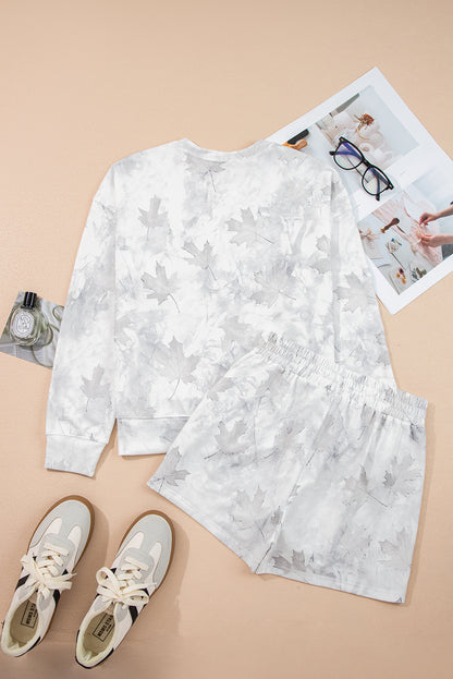 Beige Camo Print Pullover Top and Elastic Waist Casual Short Set