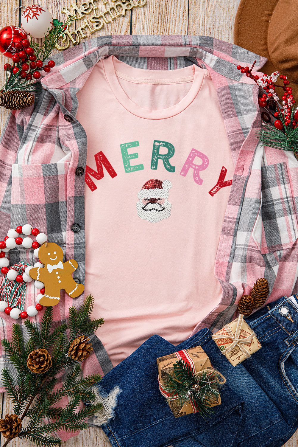 Pink Sequin MERRY Santa Clause Graphic T Shirt