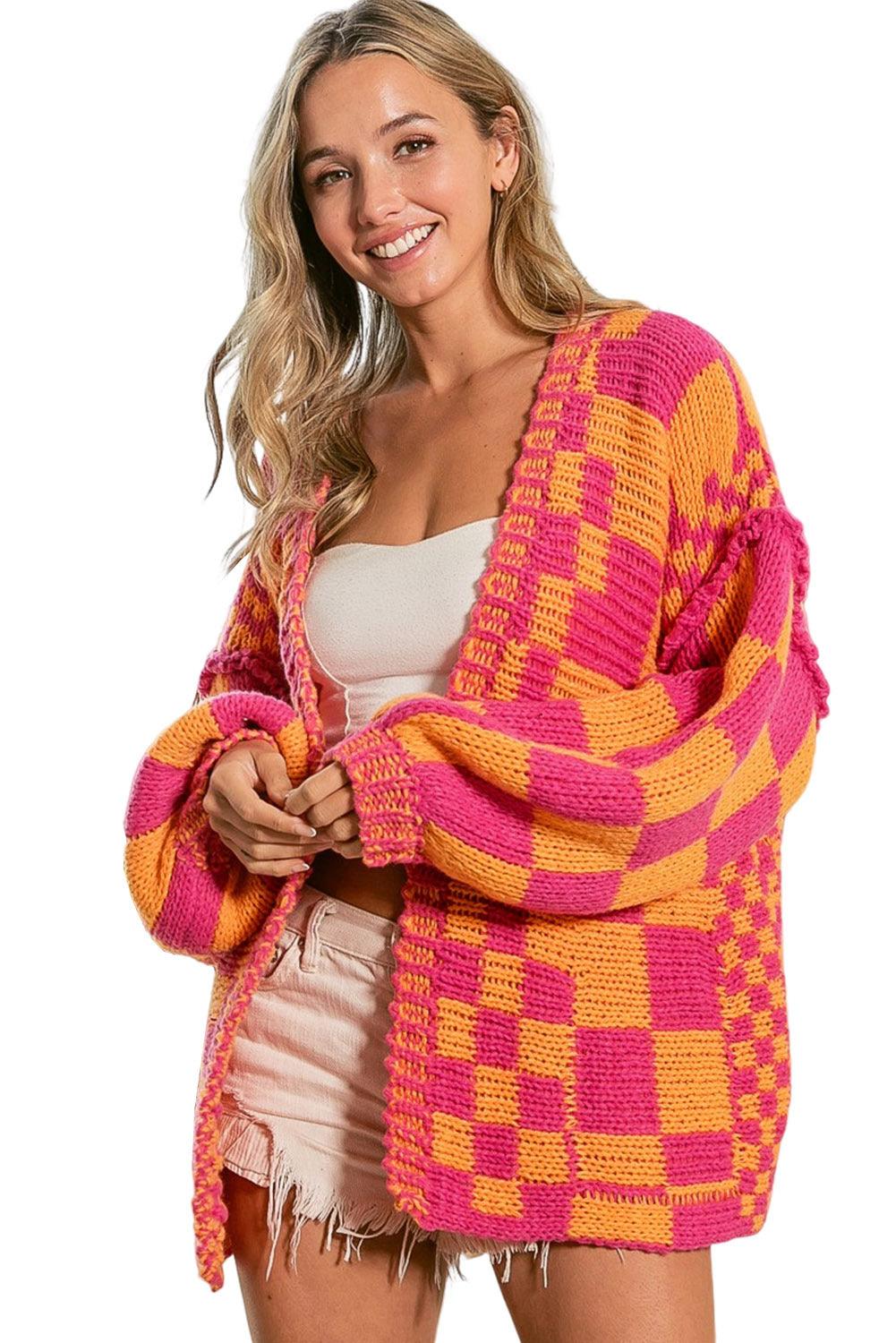 Multicolor Open Front Mixed Checkered Pattern Knit Cardigan - L & M Kee, LLC