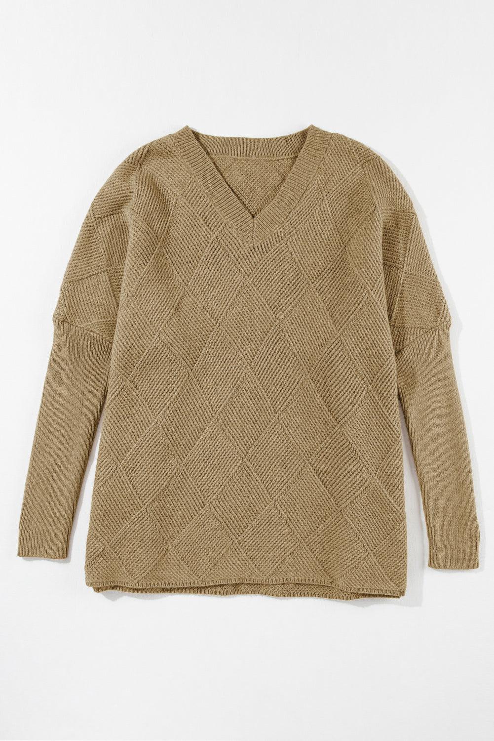 Camel Checkered Textured Batwing Sleeve Sweater - L & M Kee, LLC