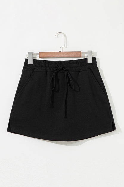 Black French Terry Drawstring Mini Skort with Pockets