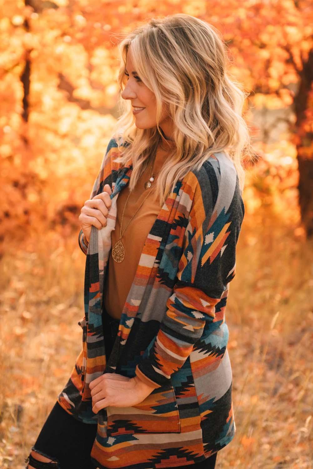 Orange Western Tribal Aztec Print Cardigan - L & M Kee, LLC