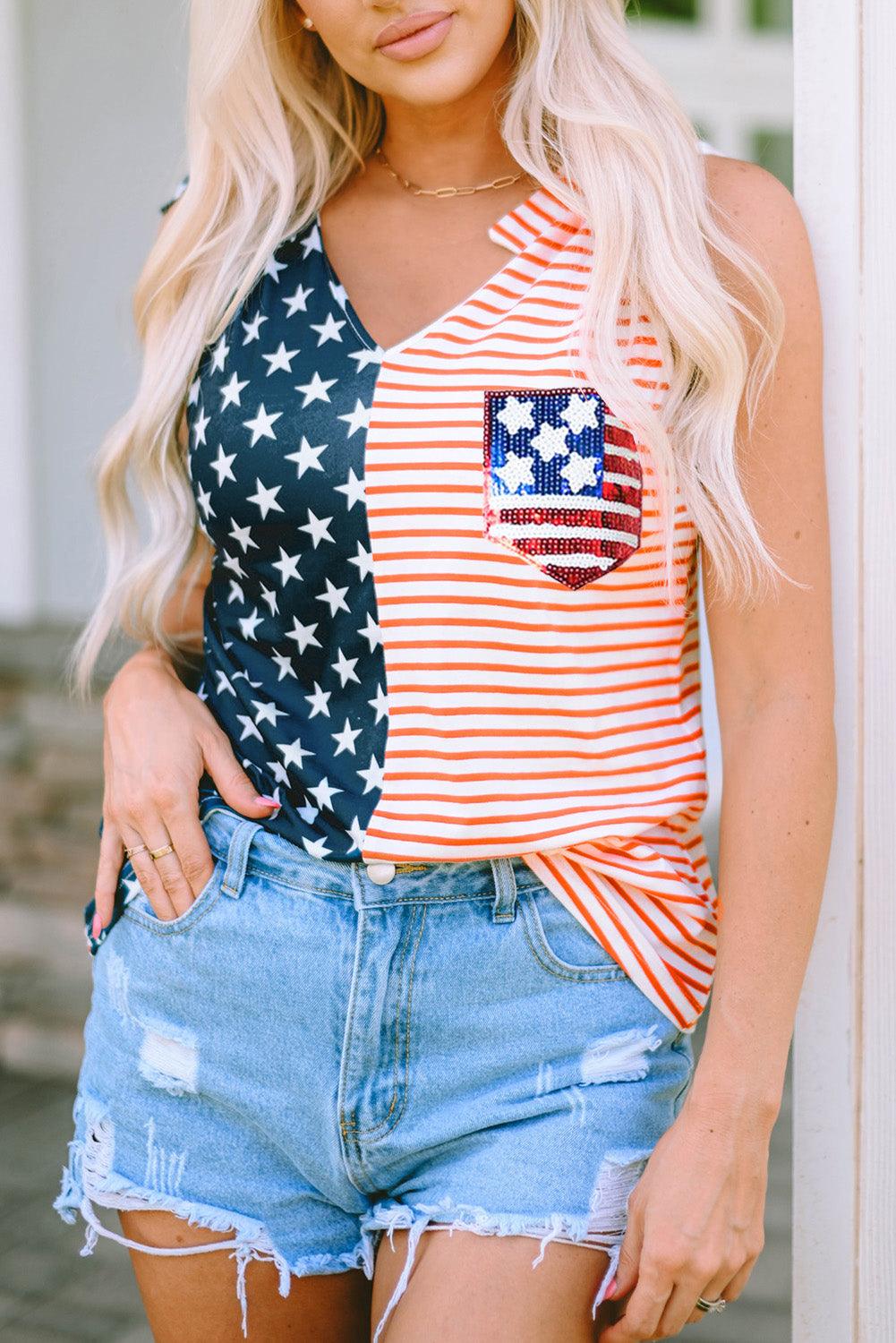 Red American Flag Sequin Patched Tie Shoulder Tank Top - L & M Kee, LLC