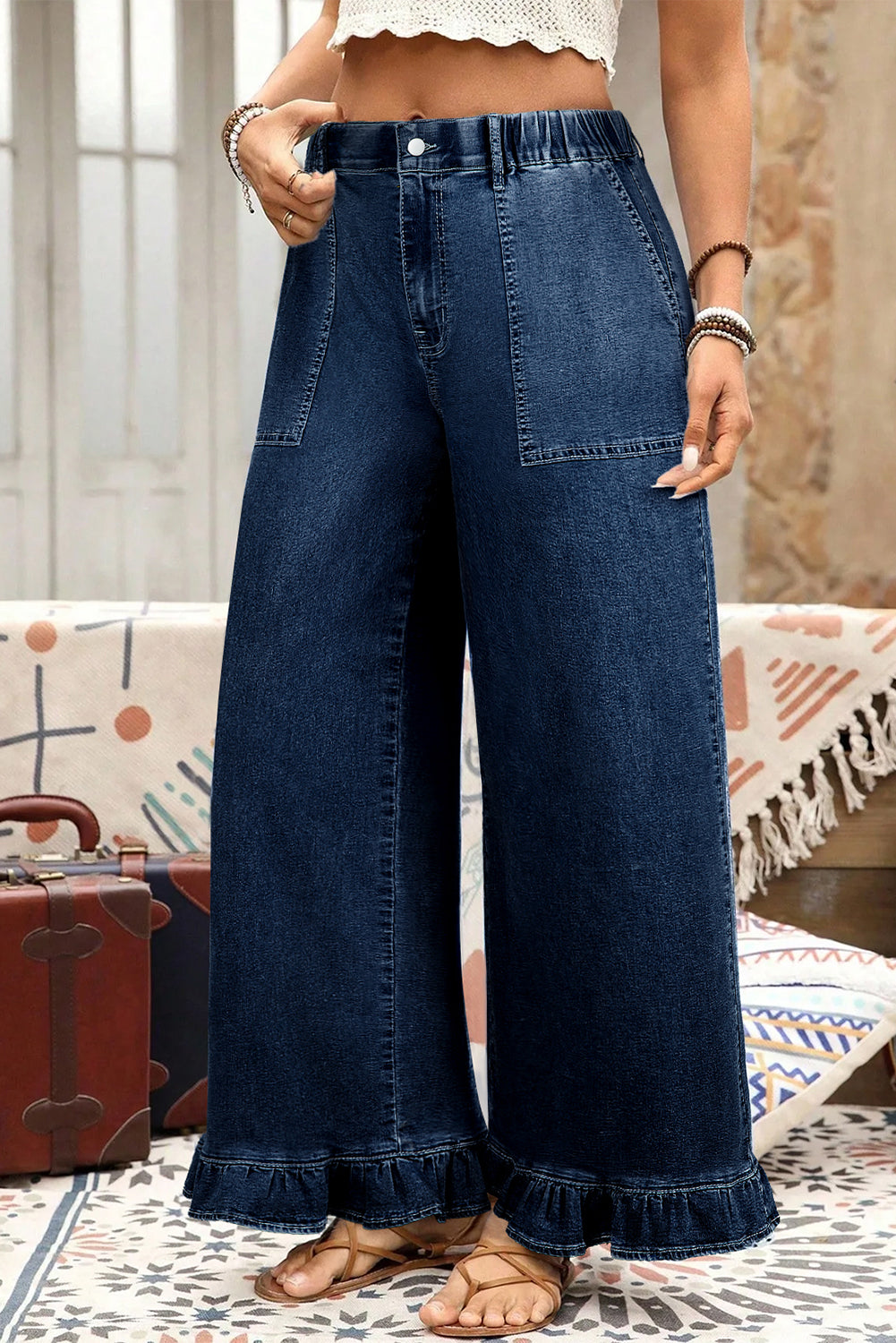 Beau Blue Plus Size Elastic Waist Ruffled Wide Leg Denim Pants