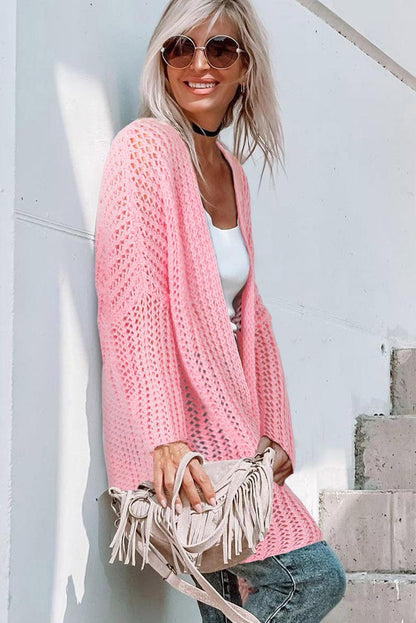 Pink Open Knit Long Sleeve Oversized Cardigan - L & M Kee, LLC