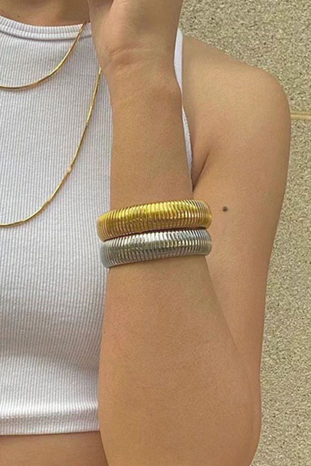 Gold Textured Striped Plated Titanium Steel Chunky Bangle