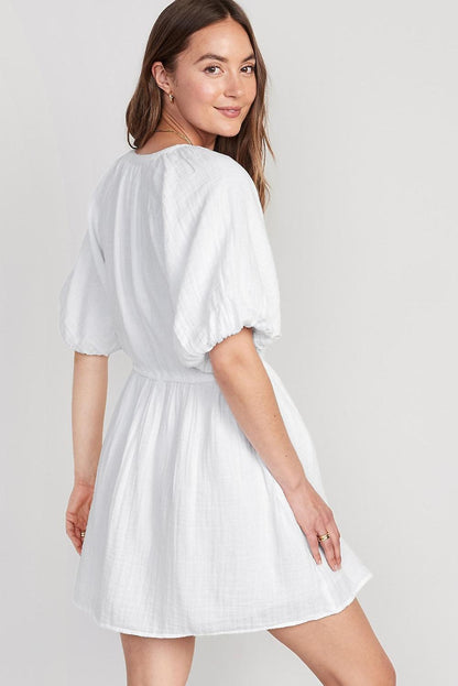 Puff Sleeve Drawstring Shirt Dress with Pockets - L & M Kee, LLC